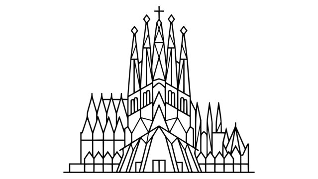 Barcelona City Skyline Line Art. Sagrada Familia Silhouette Vector Illustration