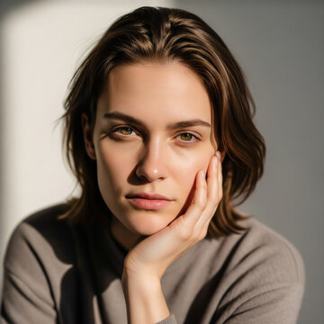 An intimate close-up portrait of a serene young woman resting her chin in her hand.