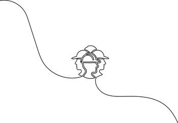 Obraz premium Continuous one-line drawing of a worker group in hard hats. Minimalist silhouette for Labour Day, teamwork, unity, and industrial workforce concept.