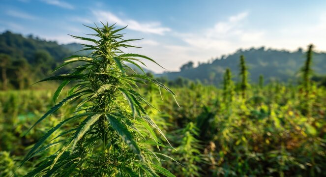 Lush green plant plants thriving in a sunlit outdoor field with vibrant foliage and healthy leaves under a bright blue sky