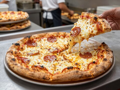 Hand lifting a slice of fresh pepperoni pizza with melted cheese in a pizzeria kitchen