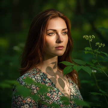 Beautiful contemplative red-haired woman with green eyes standing among lush green forest foliage in dappled sunlight