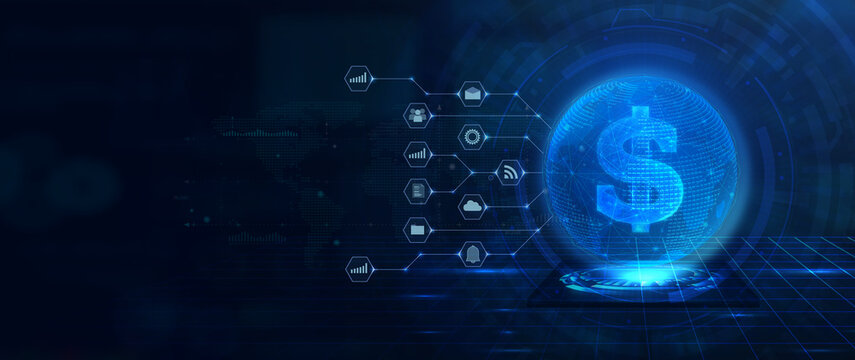 A futuristic digital environment showcasing a glowing dollar symbol surrounded by data icons, representing finance and technology integration.