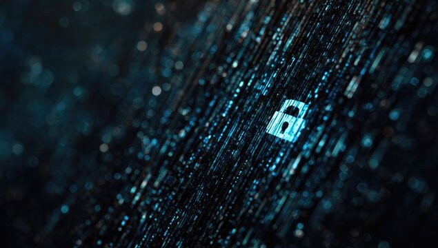 Digital security concept with an illuminated blue padlock icon on a dark circuit background