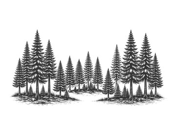 Fototapeta premium Panoramic pine forest silhouette in vintage engraving style vector illustration for horizontal banner borders and retro wilderness landscape design elements