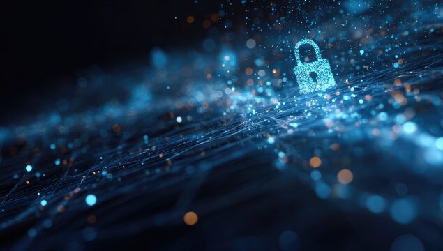Digital padlock among glowing network threads and particles on a dark background