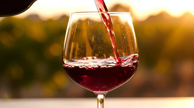 Red wine being poured into a glass for commercial backgrounds, digital design, and advertising