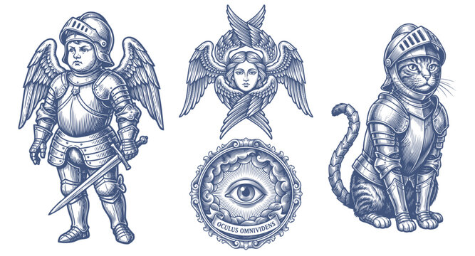 Vintage vector illustration set with winged knight, armored cat, angelic face and mystical all seeing eye emblem, occult medieval fantasy collection elements.