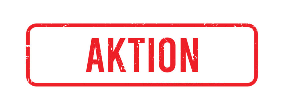 Red Aktion Stamp with Distressed Texture and Rounded Border for Retail Promotion Label in Vintage Grunge Style