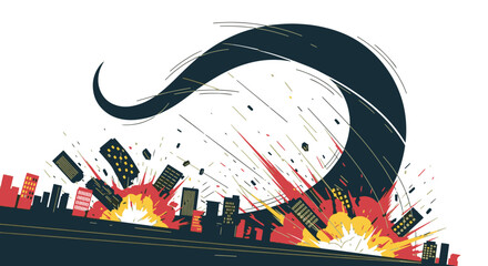 Obraz premium A stylized graphic depicting an explosive disaster in a city, featuring falling skyscrapers and a massive sweeping force.