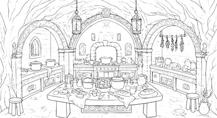 Fototapeta premium Magical fairy tale underground cave kitchen coloring page medieval fantasy line art illustration
