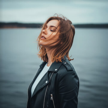 A young woman in a black leather jacket closing her eyes against a lakeside breeze.