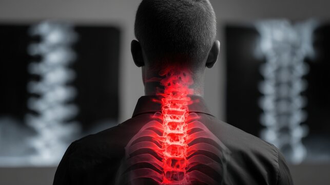 Man experiencing neck and upper back pain with redness along the spine in a dimly lit medical setting