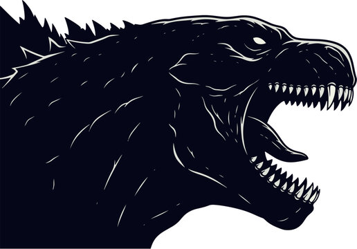A dramatic black and white vector illustration of a roaring kaiju monster head, perfect for posters and t-shirt designs.