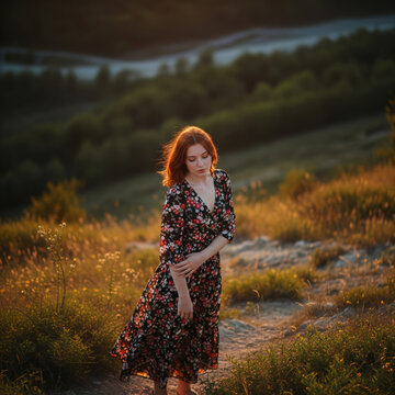 A lovely redheaded woman in a floral dress walks down a grassy hillside path at sunset.