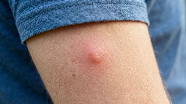 Closeup of swollen red insect bite on man&rsquo;s bare arm with blue t-shirt, outdoors, irritation, summer, skin care, health.