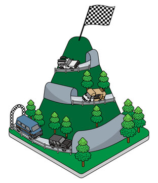 山道を走って頂上を目指すオフロード車のアイソメトリックイラスト