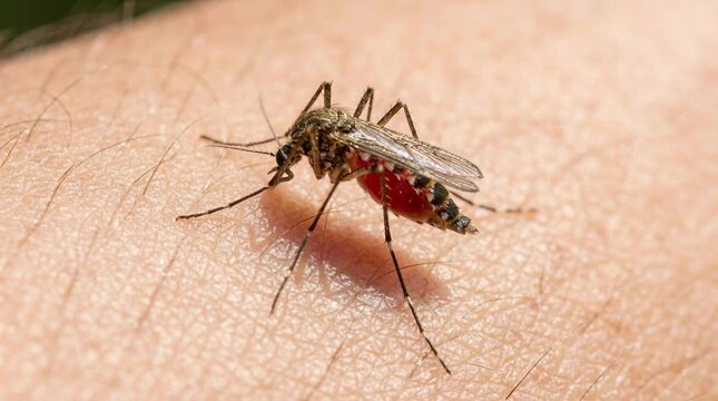 Macro closeup of mosquito on skin, detailed view, insect, pest, health, nature, summer, danger, allergy, prevention.
