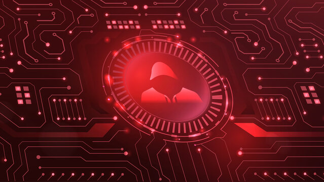 A dynamic representation of cybersecurity, featuring a red digital circuit board with a central ominous icon symbolizing threat detection and network protection.