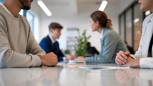 Business Professionals Meeting at Office Table During Team Discussion and Collaboration