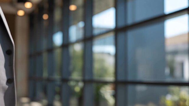 Modern Glass Office Interior with Blurred Corporate Workspace and Natural Light Reflection