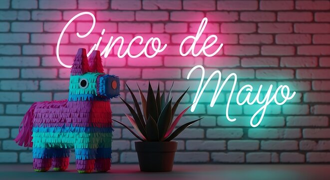 Cinco de mayo celebration vibrant neon sign with donkey pi ata festive decor