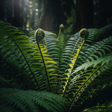 Stunning macro close-up of symmetrical green fern frond unfurling with fibonacci spiral pattern against soft bokeh background