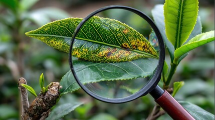 A close-up view of a green tea leaf under a magnifying glass, showcasing its intricate textures and patterns. This image highlights the beauty of nature and its finer details.