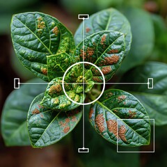 Close-up shot of vibrant green leaves showing intricate textures and patterns. The image highlights details of the leaf surface, perfect for studies in botany and plant biology.
