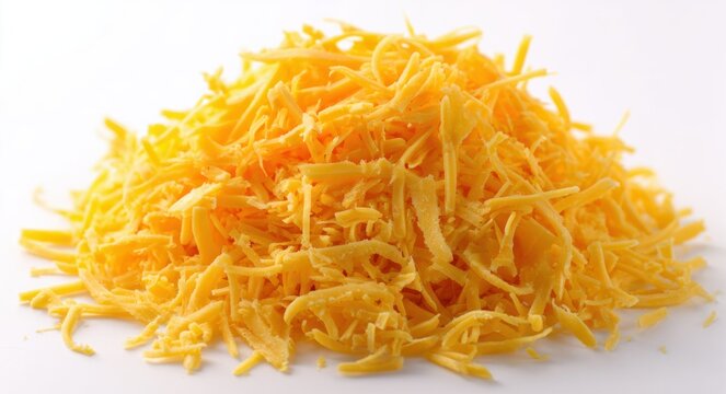 Shredded cheddar cheese with a vibrant orange-yellow color and stringy texture, ready for cooking or garnishing dishes