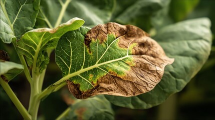 A close-up of a wilted leaf showcasing its unique texture and color variations. The image highlights the natural aging process and the beauty of plant life even in decline.