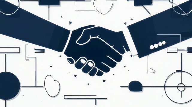 Minimal flat handshake animation abstract geometric shapes transforming into human hands aligning connecting seamless loop corporate business unity partnership collaboration clean modern vector motion
