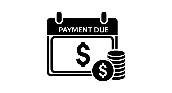 Payment Due Reminder, A financial calendar icon with the words Payment Due on a black calendar and a stack of coins next to the calendar