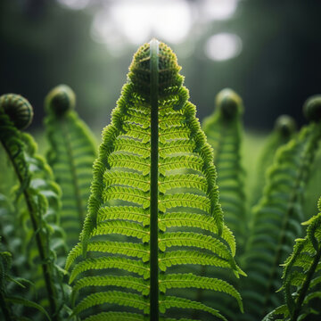 Stunning macro close-up of symmetrical green fern frond unfurling with fibonacci spiral pattern against soft bokeh background
