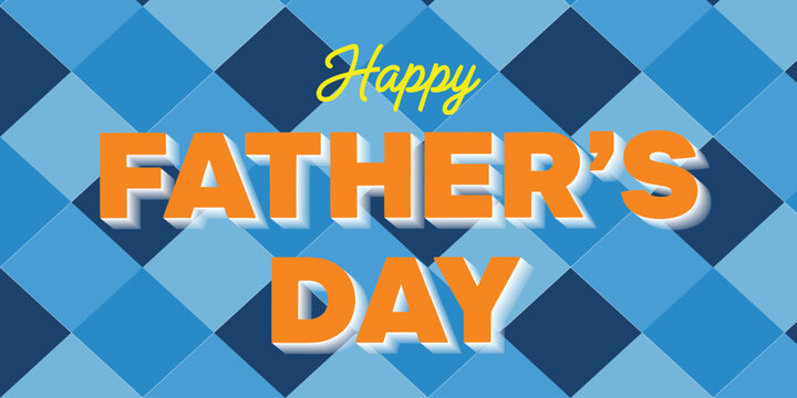 Father day horizontal banner with orange block letters on blue checkered pattern background celebrating male figures and family traditions with vibrant colors and bold stylish design.