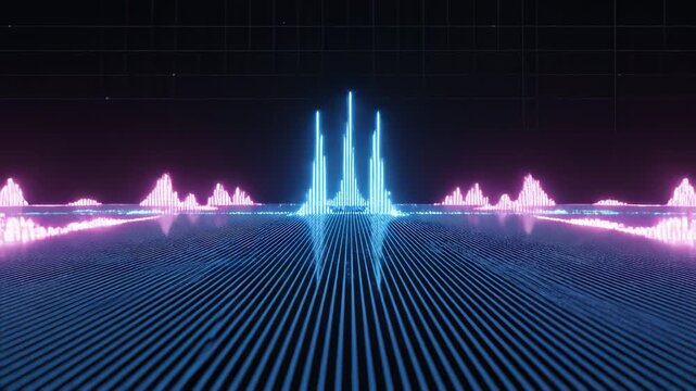 Neon light patterns on reflective surface for commercial backgrounds, digital design, and advertising
