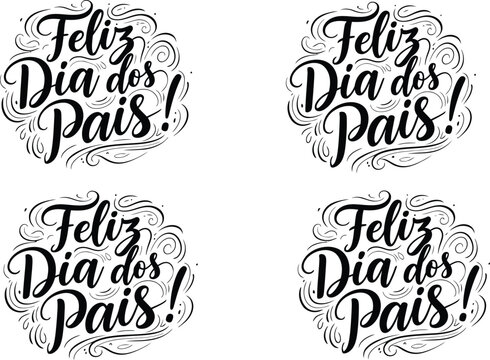 Feliz dia dos pais in ornate black lettering with decorative swirls on transparent background for portuguese father's day cards.