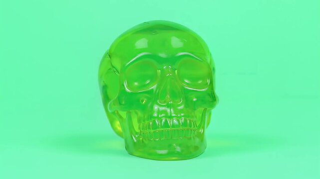 Translucent Green Resin Skull Dropping and Sitting on Solid Green Background