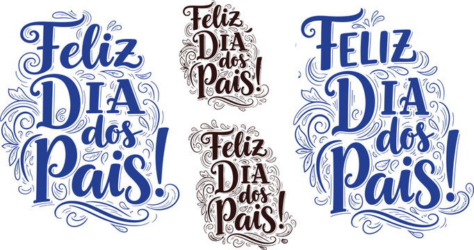 Feliz dia dos pais, a collection of intricately designed vector lettering for brazilian father's day with elegant flourishes and varied color schemes.