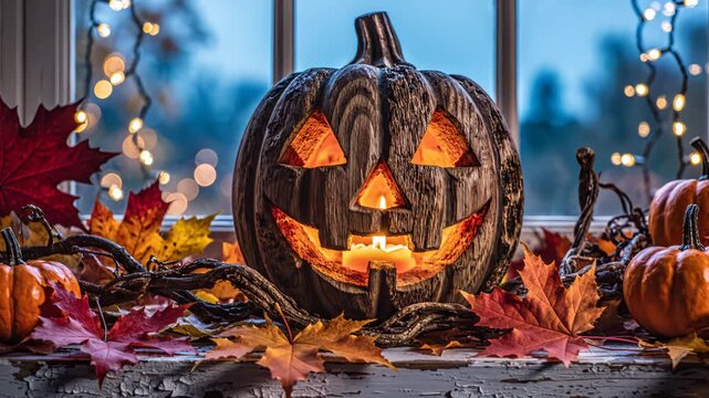 Halloween pumpkin with autumn leaves for commercial backgrounds, digital design, and advertising