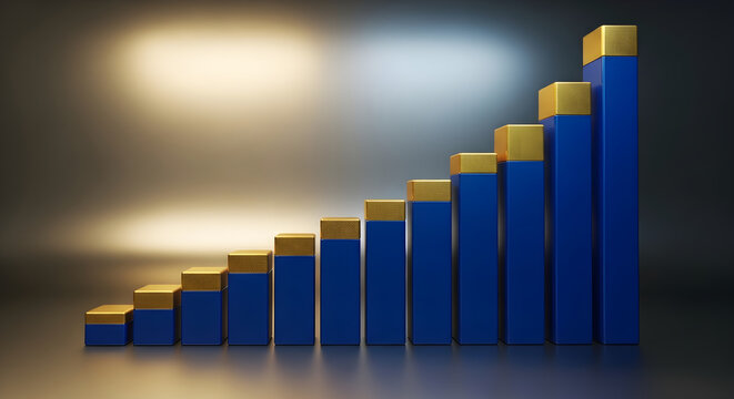 3D bar chart showing upward trend and growth, representing financial success and positive progress