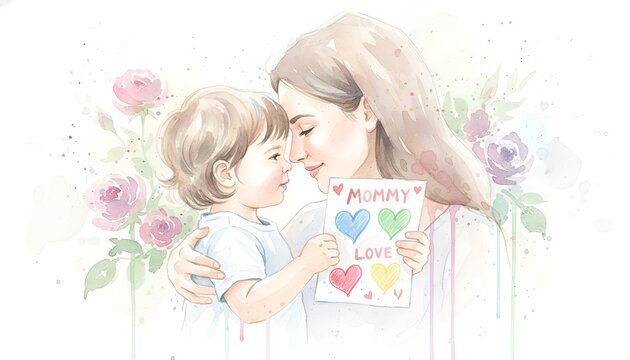 A mother holding her child with a card that says, ' mom love '