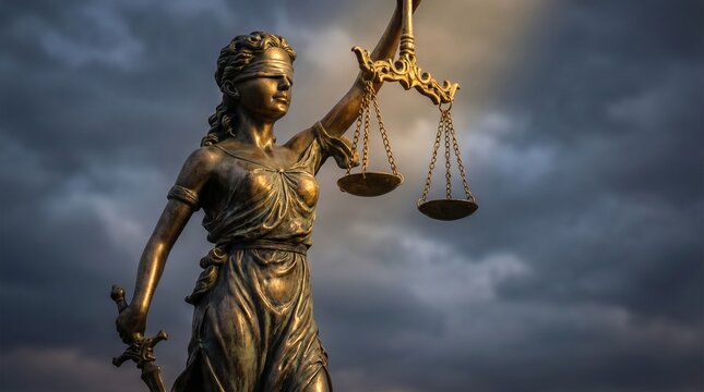The majestic statue of Lady Justice, a powerful symbol of law, fairness, and impartial judgment against a dramatic sky