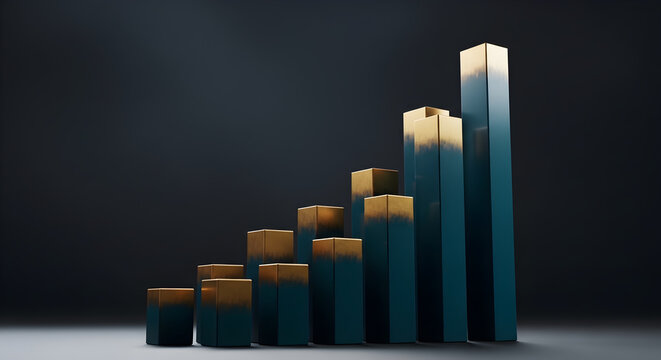 Abstract illustration of a rising bar graph with teal and gold accents against a dark gradient background, symbolizing growth and success