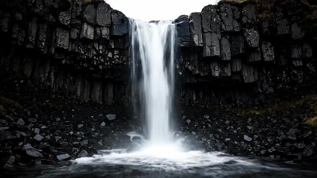 Waterfall Cascading Over Dark Hexagonal Basalt Columns in Volcanic Landscape