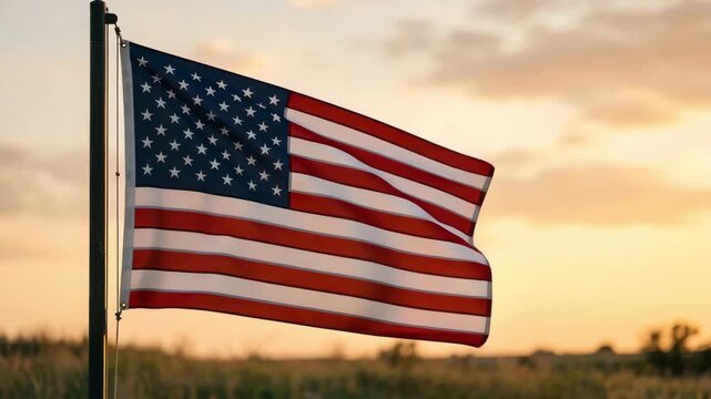 American flag waving against a sunset sky background