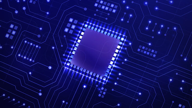 A close-up view of a blue computer chip on a circuit board, showcasing intricate details and a futuristic design. Ideal for technology-related visuals.