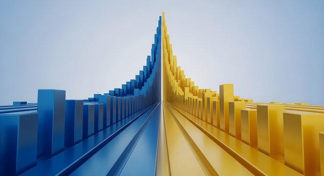 Abstract 3D bar chart visualization representing contrasting growth or decline with blue and gold bars facing each other