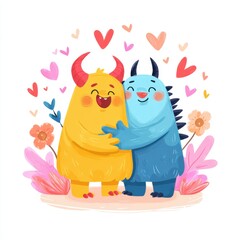 Fototapeta premium Cute cartoon monsters hugging and smiling with hearts and flowers in a loving scene