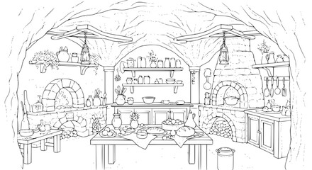 Obraz premium Fairy tale underground medieval cave kitchen vector line art coloring page with fantasy interior design